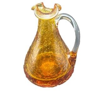 VTG Pilgrim Glass AMBER Crackle Pitcher Vase Ruffle Top Applied Handle 4.5”